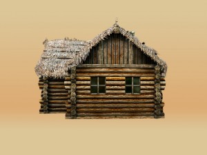 wooden thatch house t-shaped Modèle 3D