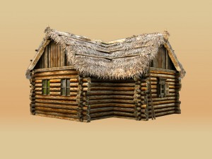 wooden thatch house t-shaped Modèle 3D