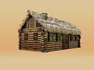wooden thatch house t-shaped Modèle 3D