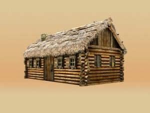 wooden thatch house t-shaped Modèle 3D