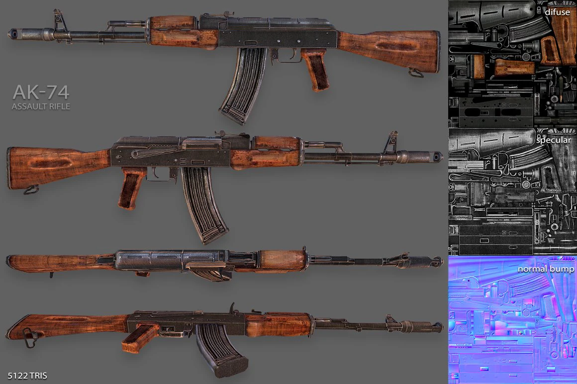 ak-74 assault rifle 3D Model .c4d .max .obj .3ds .fbx .stl .blend 