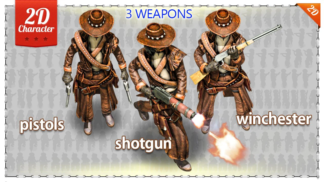 2d cowboy with 3 pack 3D Model .c4d .max .obj .3ds .fbx .stl .blend