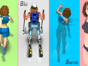 la ragazza corre sugli sci, nuota e vola Modello 3D
