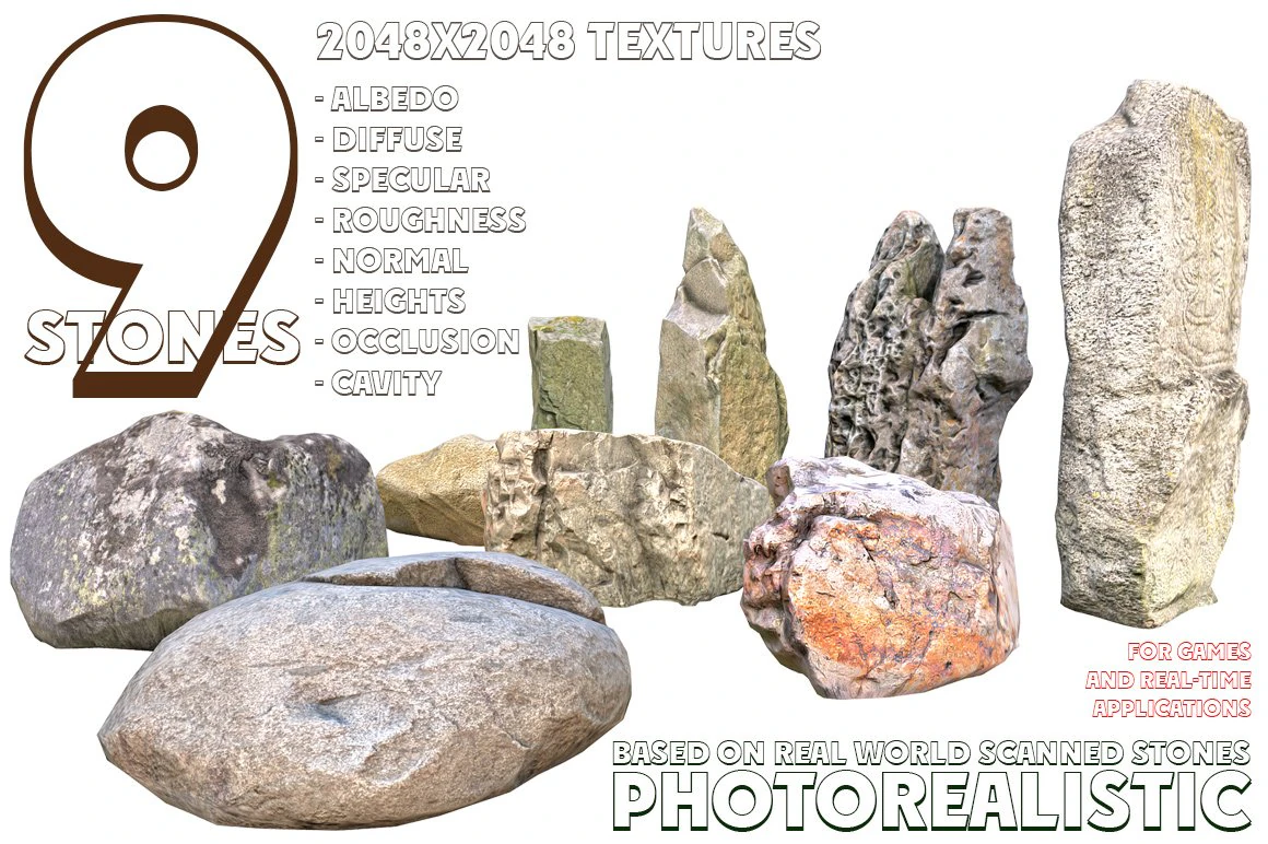 9 stones 3D Model .c4d .max .obj .3ds .fbx .stl .blend 