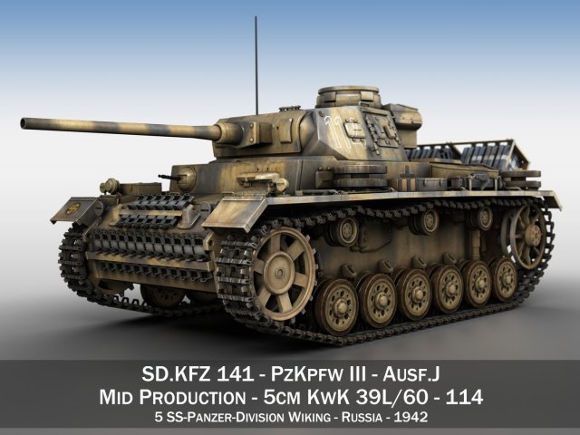 pzkpfw iii - panzerkampfwagen 3 - ausfj - 114 3D 모델 .c4d .max .obj .3ds .fbx .stl .blend 