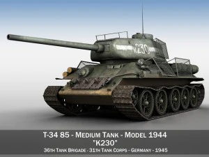 t-34 85 - tanque m&eacute;dio sovi&eacute;tico - k230 Modelo 3D