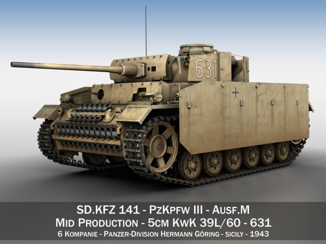 pzkpfw iii - panzer 3 - ausfm - 631 3D 模型 .c4d .max .obj .3ds .fbx .stl .blend 