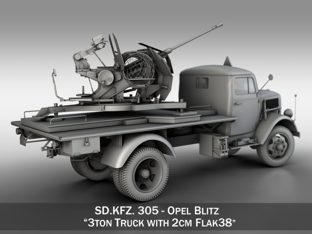 opel blitz with 2cm flak 38 3D Модель .c4d .max .obj .3ds .fbx .stl .blend 