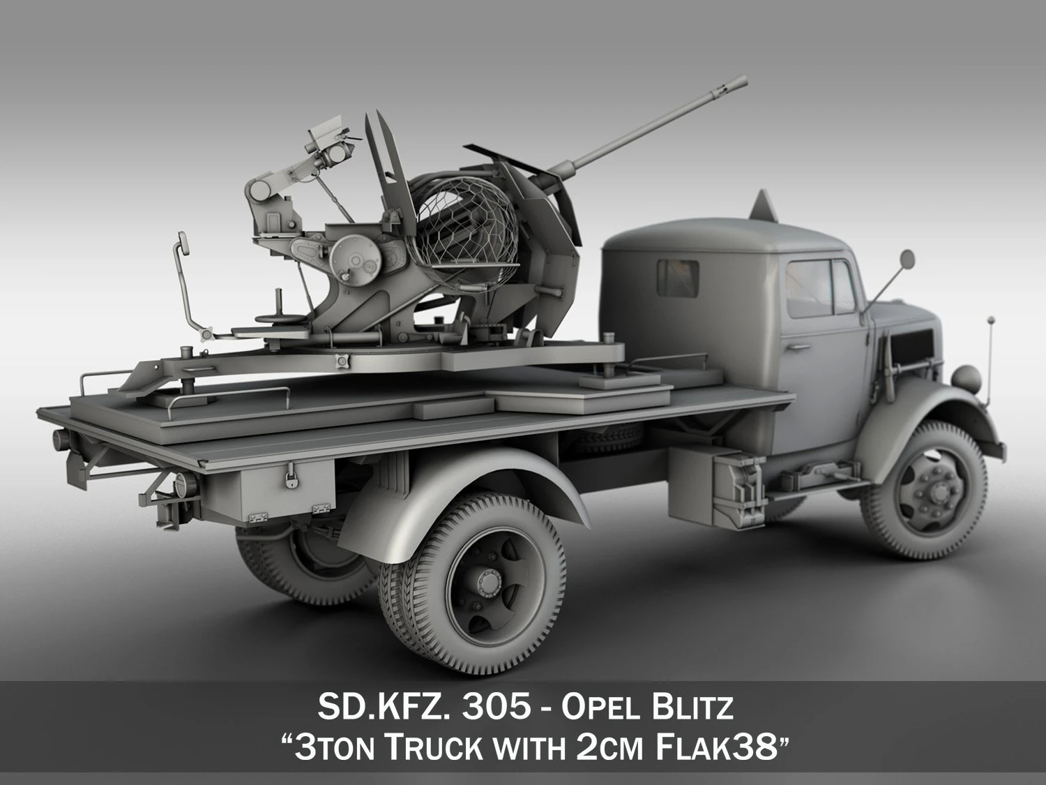 opel blitz with 2cm flak 38 3D Model .c4d .max .obj .3ds .fbx .stl .blend