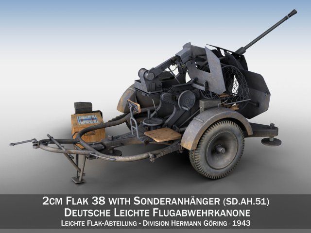 2cm flak 38 with sdah 51 - trailer - dhg 3D Model .c4d .max .obj .3ds .fbx .stl .blend 
