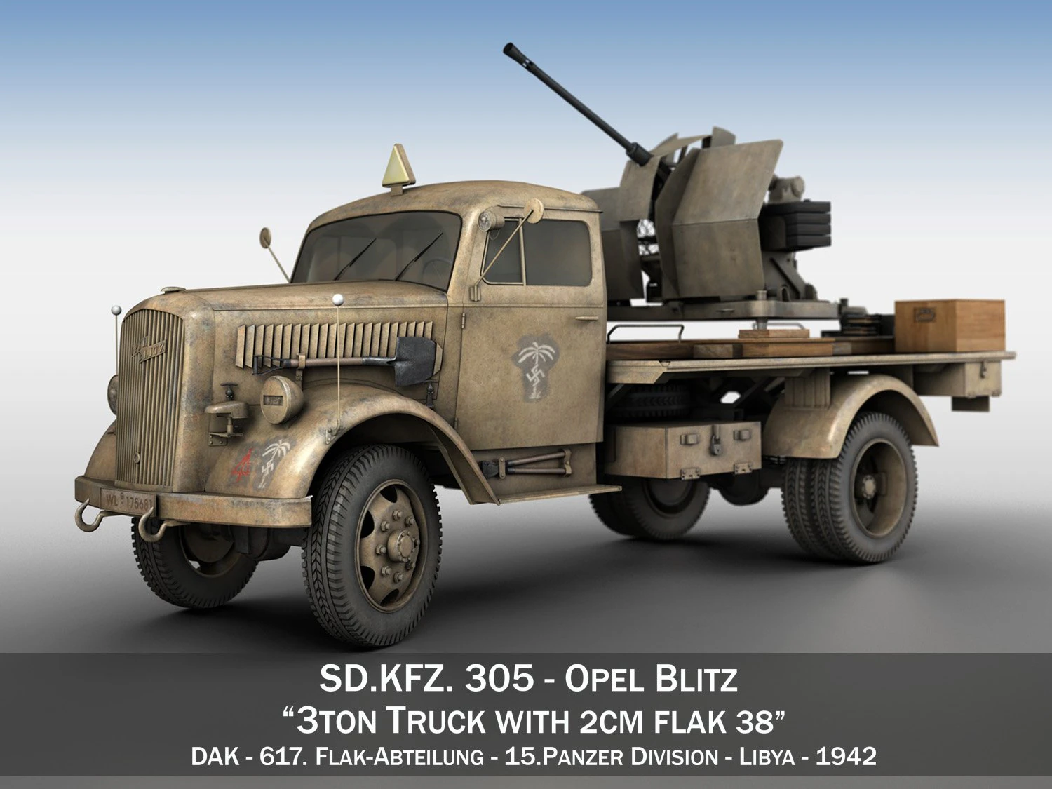 opel blitz with 2cm flak 38 - dak 3D Model .c4d .max .obj .3ds .fbx .stl .blend 