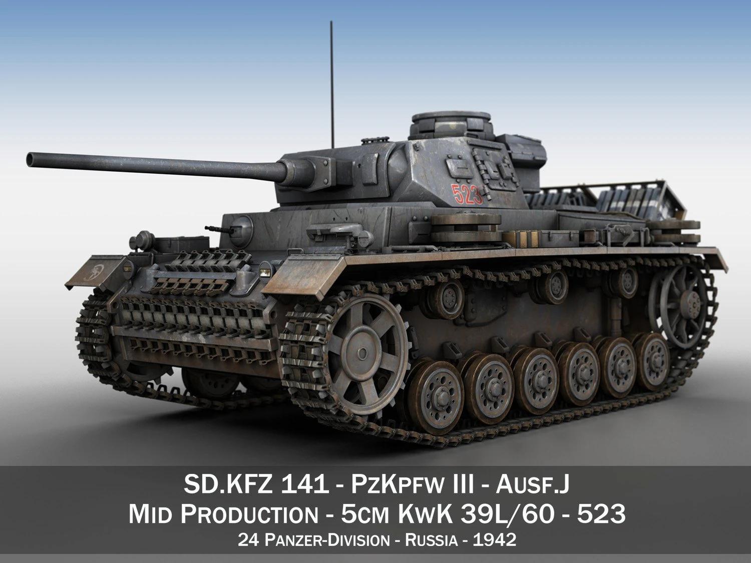 pzkpfw iii panzer 3 - ausfj - 523 3D Model .c4d .max .obj .3ds .fbx .stl .blend