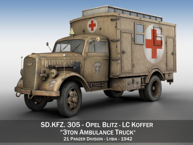opel blitz - 3t ambulance truck - 21 pzdiv Model 3D .c4d .max .obj .3ds .fbx .stl .blend 