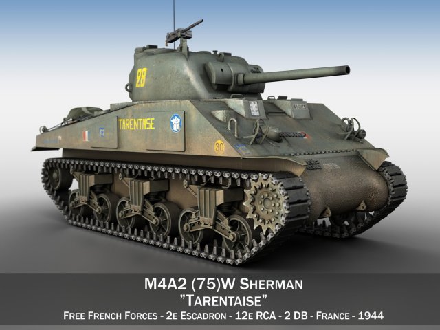 m4a2 sherman - tarentaise 3D 모델 .c4d .max .obj .3ds .fbx .stl .blend 