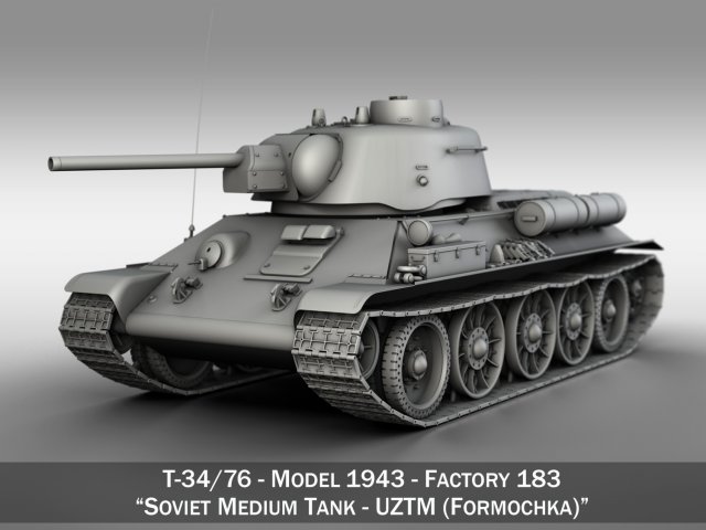 t-34-76 uztm - model 1943 - soviet medium tank 3D 模型 .c4d .max .obj .3ds .fbx .stl .blend 