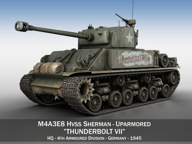 m4a3e8 hvss sherman thunderbolt vii 3D Model .c4d .max .obj .3ds .fbx .stl .blend 
