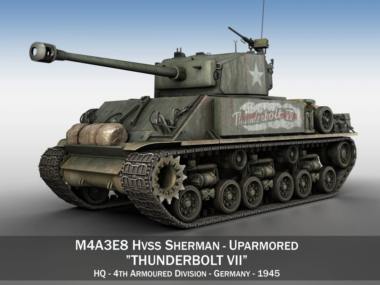 m4a3e8 hvss sherman thunderbolt vii 3D Model .c4d .max .obj .3ds .fbx .stl .blend 
