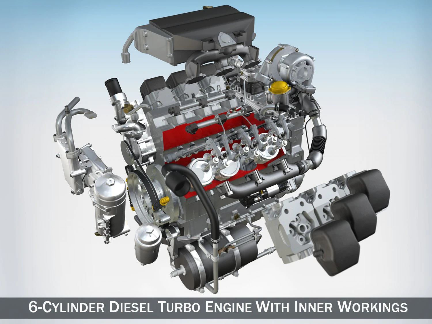 diesel turbo engine with interior parts 3D Model .c4d .max .obj .3ds .fbx .stl .blend 