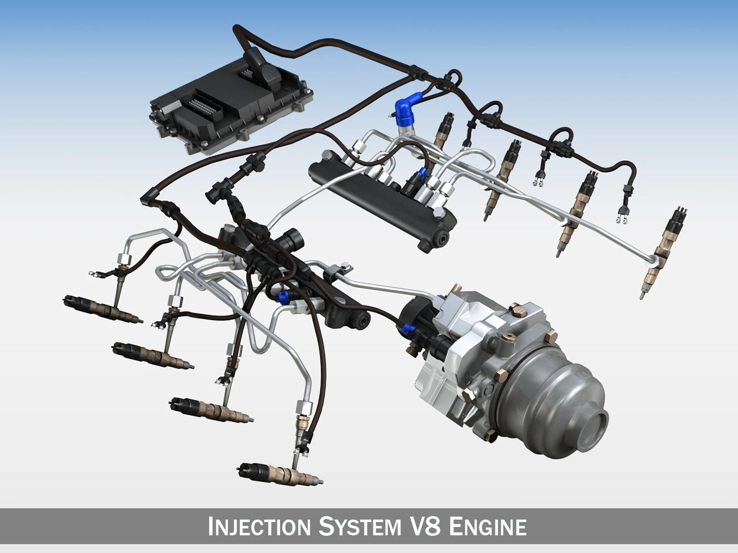 injection system of a v8 engine 3D Model .c4d .max .obj .3ds .fbx .stl .blend