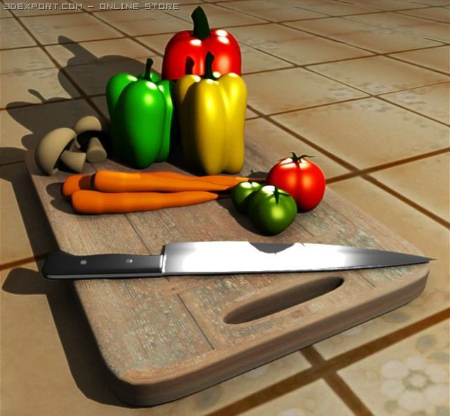 cutting board with vegetables 3D Model .c4d .max .obj .3ds .fbx .stl .blend