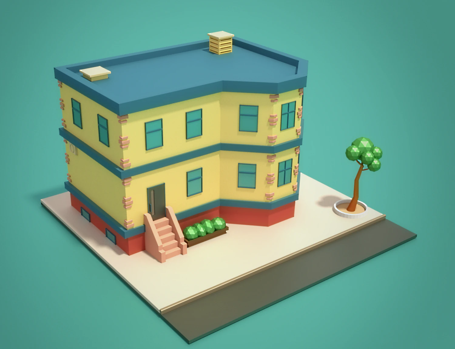 low-poly 2-floor city building 3D Model .c4d .max .obj .3ds .fbx .stl .blend 