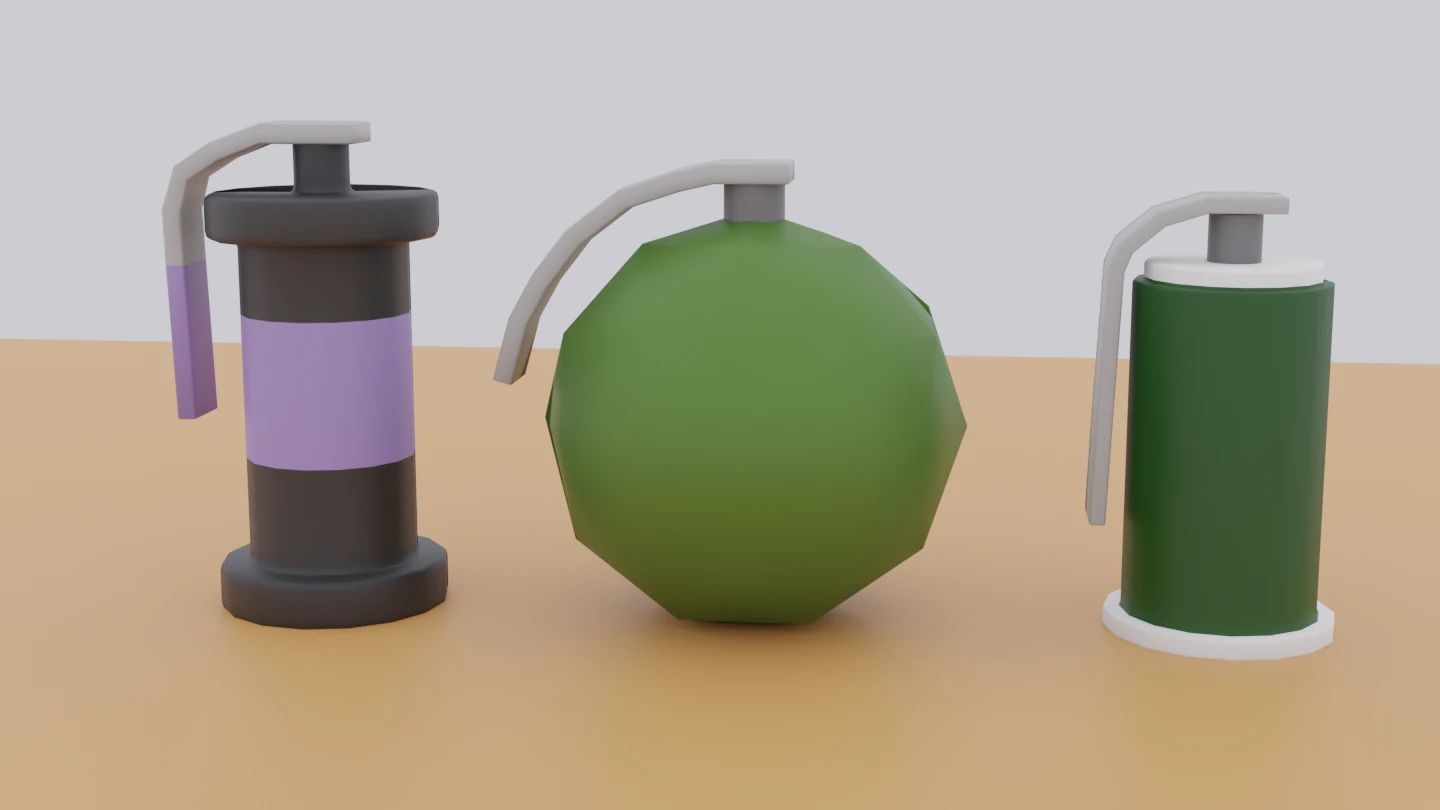 Three Low-Poly Grenades 3D Model .c4d .max .obj .3ds .fbx .stl .blend 