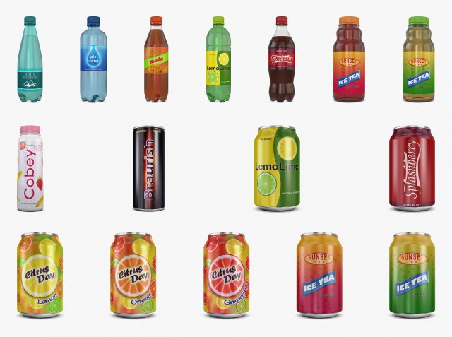 Drink Cans and Bottles Simple Collection volume 1 3D Model .c4d .max .obj .3ds .fbx .stl .blend 