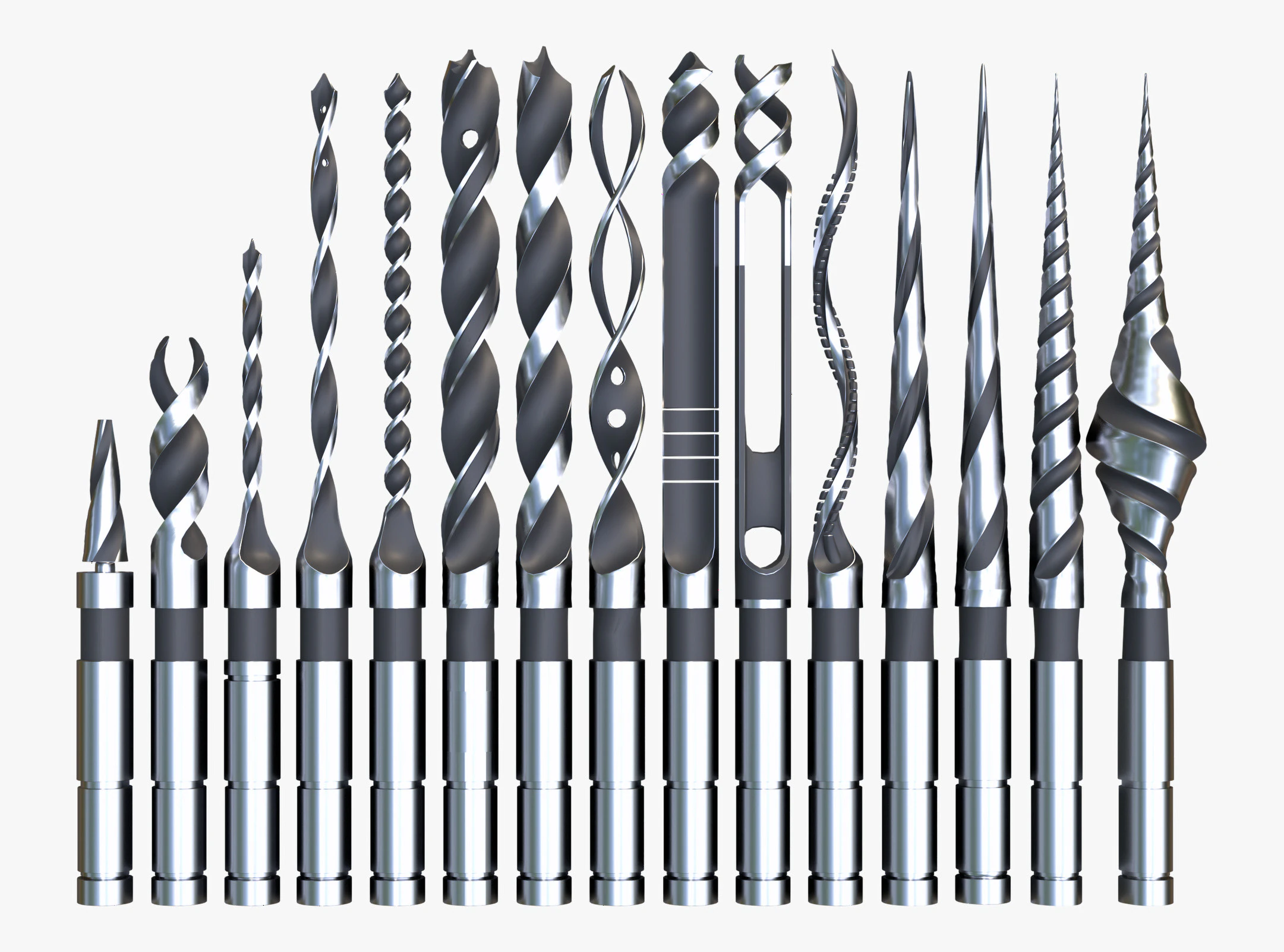 Drill Bit Set Industrial 15 Types 3D Model .c4d .max .obj .3ds .fbx .stl .blend 