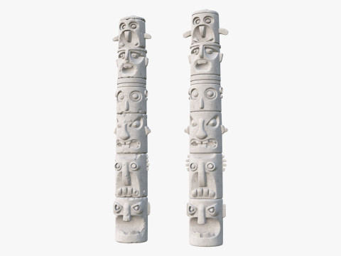 Stone Totem Faces Intact and Damaged M1 3D 模型
