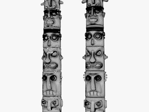 Stone Totem Faces Intact and Damaged M1 Model 3D