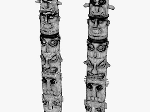 Stone Totem Faces Intact and Damaged M1 Model 3D