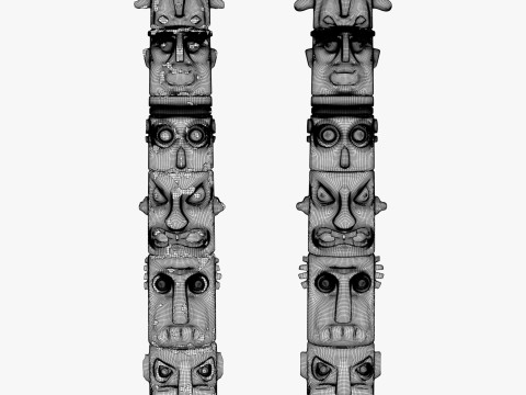 Stone Totem Faces Intact and Damaged M1 Model 3D