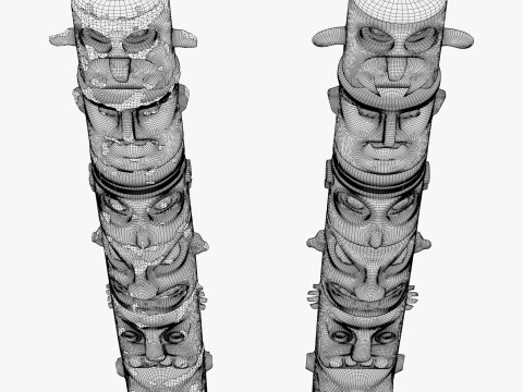 Stone Totem Faces Intact and Damaged M1 Model 3D