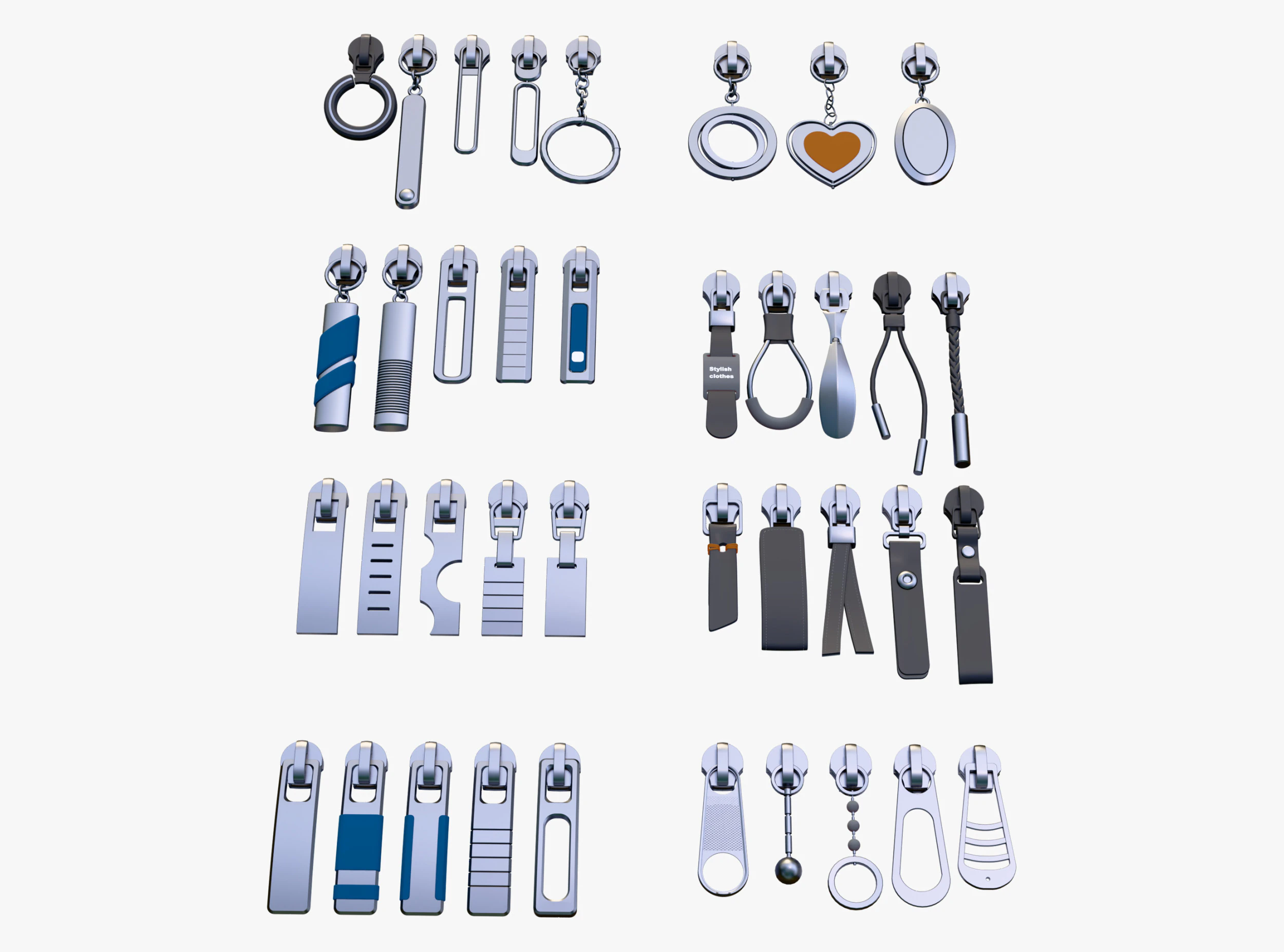 Zipper Pullers 38 Pieces Set M1 3D Model .c4d .max .obj .3ds .fbx .stl .blend 