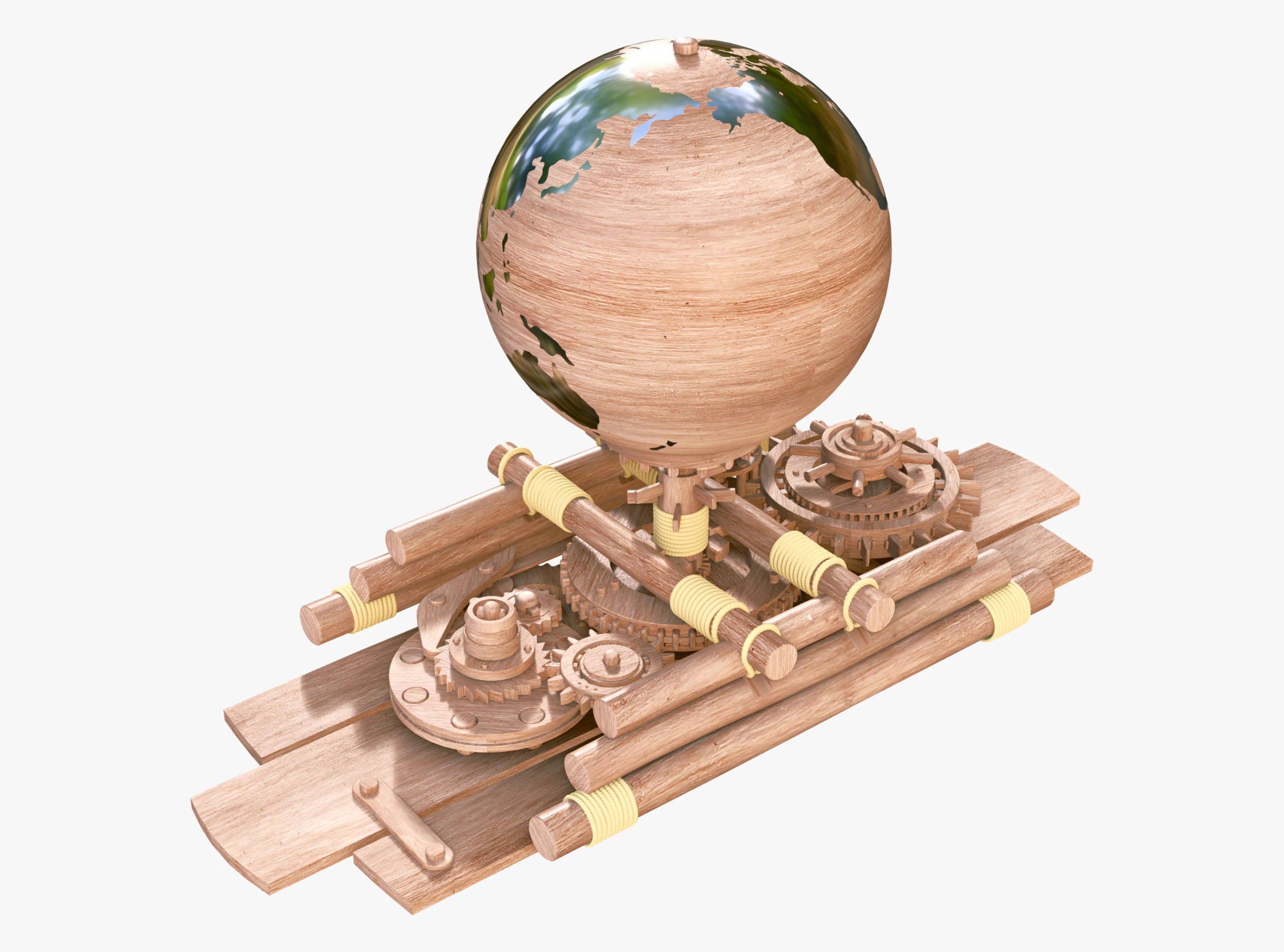 Mechanical Gear Wooden Earth Globe M1 3D Model .c4d .max .obj .3ds .fbx .stl .blend 