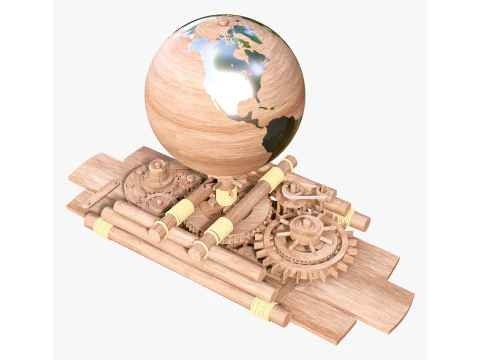 Mechanical Gear Wooden Earth Globe M1 3D Model