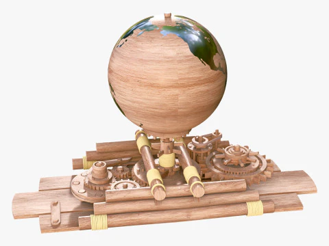 Mechanical Gear Wooden Earth Globe M1 3D Model