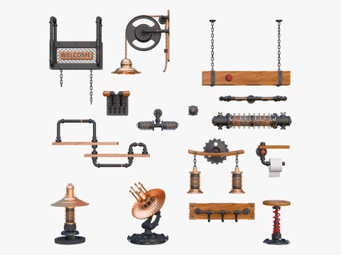 Набір стимпанк лофт декор 15 предметів M1 3D Модель