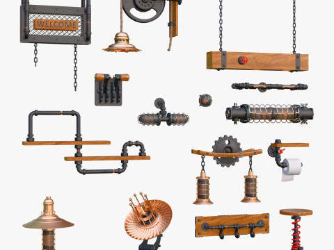 Steampunk Loft Decor 15 Pieces Set M1 3D Model