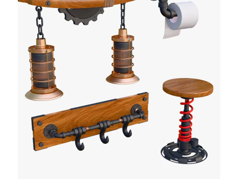 Steampunk Loft Decor 15 Pieces Set M1 3D Model