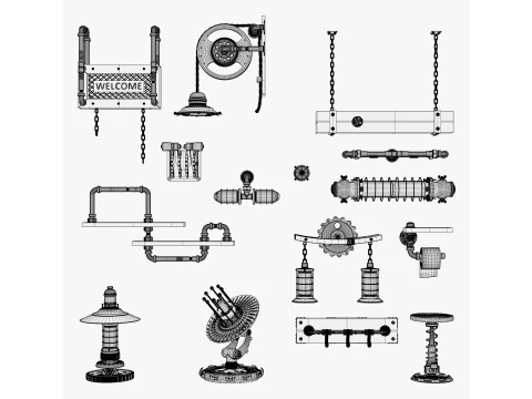 Steampunk Loft Decor 15 Pieces Set M1 3D Model