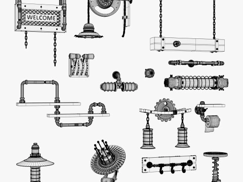 Steampunk Loft Decor 15 Pieces Set M1 3D Model