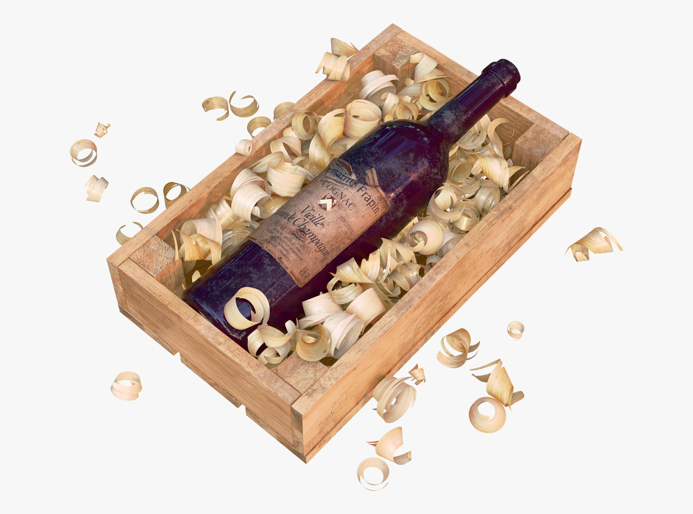 Bottle in Crate with Wood Shavings M1 3D Model .c4d .max .obj .3ds .fbx .stl .blend 