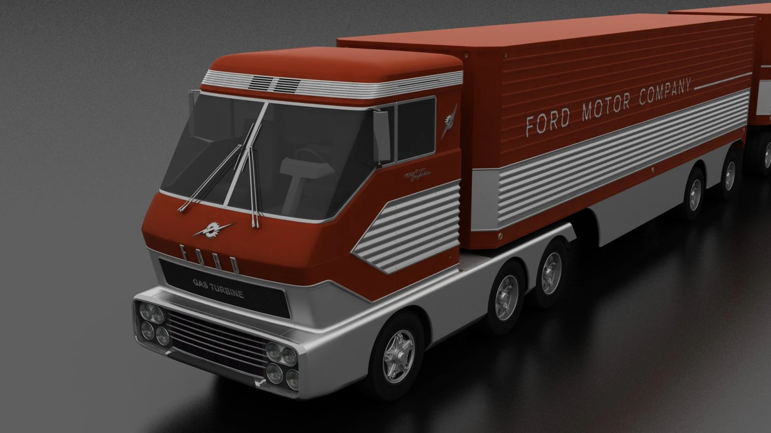 big red gas turbine 1964 concept semi truck and double trailer 3D Model .c4d .max .obj .3ds .fbx .stl .blend