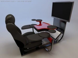 वाइडस्क्रीन मॉनिटर के साथ आधुनिक कंप्यूटर डेस्क 3D मॉडल