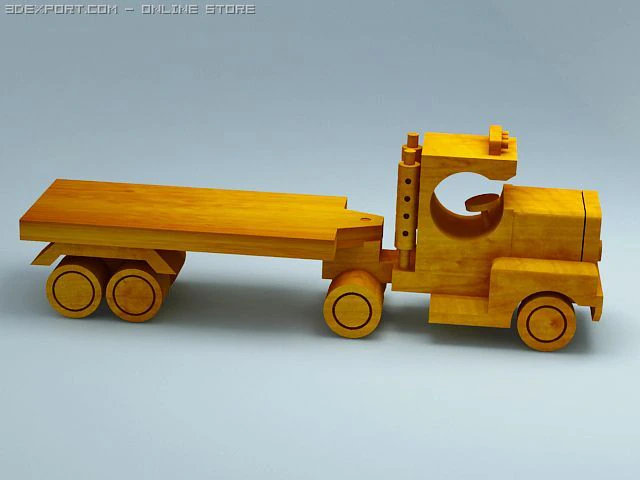 3d model of wood toy truck and flat trailer 3D Model .c4d .max .obj .3ds .fbx .stl .blend 