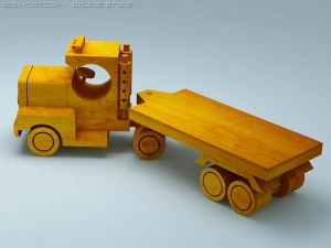 3d model of wood toy truck and flat trailer 3D Model