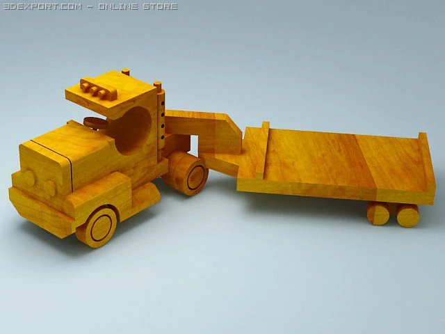 3d model of wood toy truck and low trailer 3D Model .c4d .max .obj .3ds .fbx .stl .blend 