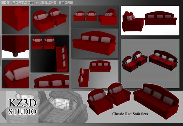 id50027 red sofa sets 3D Модель .c4d .max .obj .3ds .fbx .stl .blend