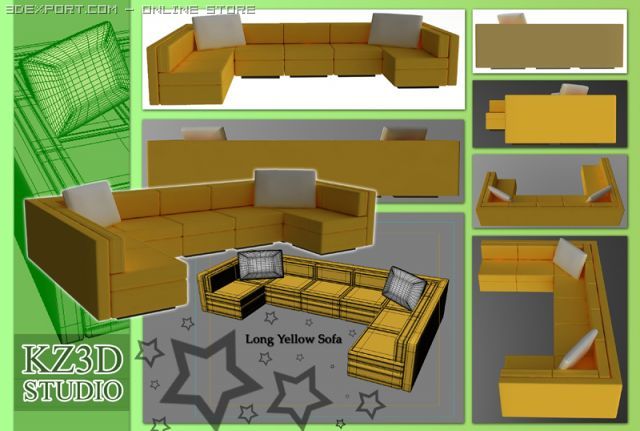 id50030 long yellow sofa Model 3D .c4d .max .obj .3ds .fbx .stl .blend 